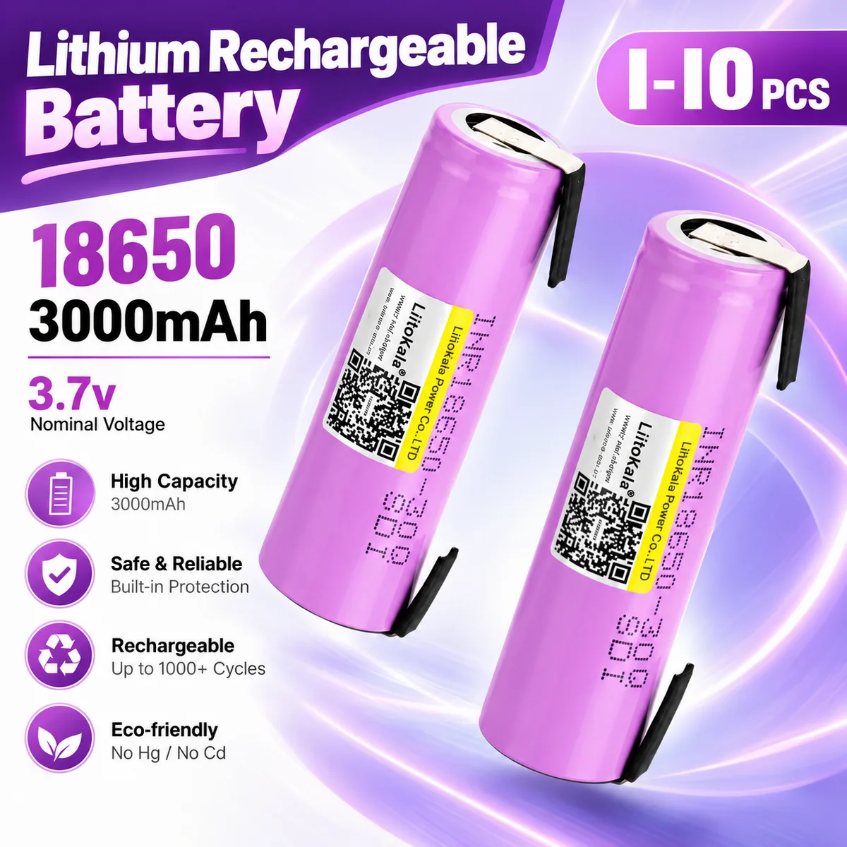 18650 Li-ion Rechargeable Battery INR18650 30Q-N, 3000mAh 3.7V 20A High Drain Cell for DIY Projects, Replacement Power