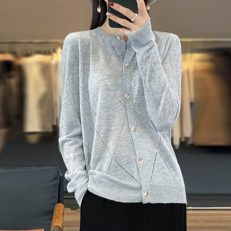 

Spring and Summer New Worsted Wool Cardigan Women's Round Neck Diamond Thin Jacket Fashion Hollow Blouse Loose Bottoming Shirt