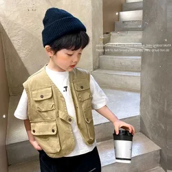 Spring Summer Boys Sleeveless Thin Jacket Coat Outdoor Cotton Vest Multi Pocket Tank Top Boys Outfit Children Clothes