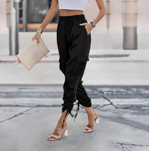 Spring and Summer Solid Color High Waist Large Pocket Pleated Design Haren Pants Women's Trendy High Street Style Cropped Pants