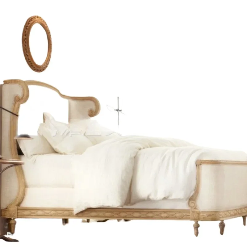 

French solid wood bed furniture oak retro old fabric soft rely 1.8 meters double bed princess single bed