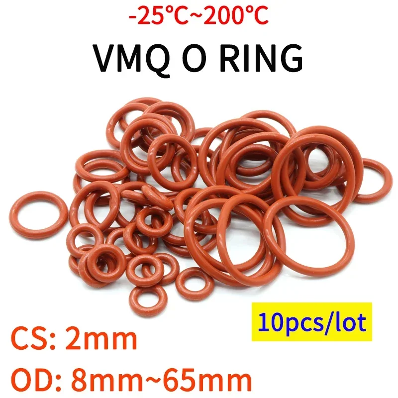 10pcs VMQ O Ring Seal Gasket Thickness CS 2mm OD 8 ~ 65mm Silicone Rubber Insulated Waterproof Washer Round Shape Nontoxi Red