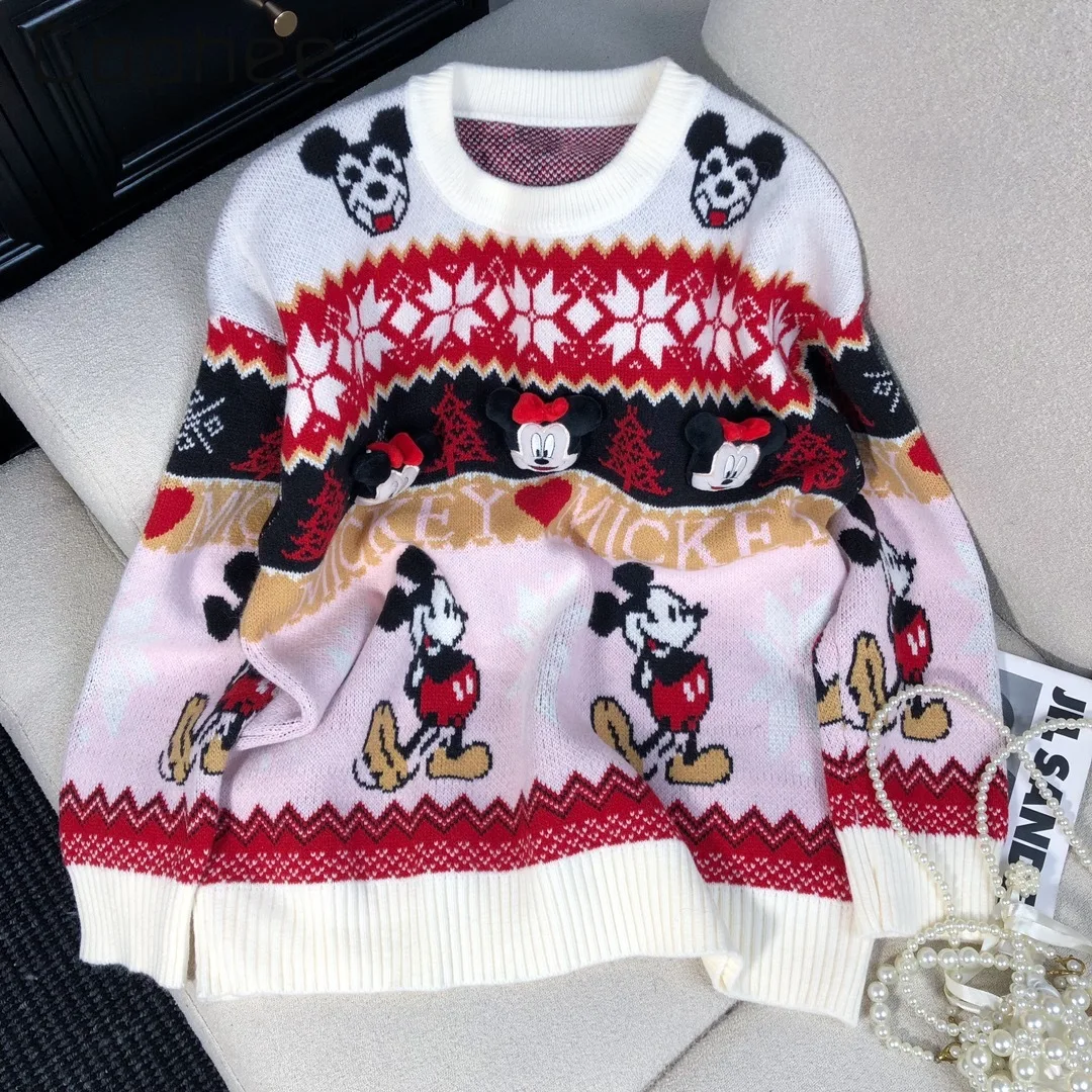 American Retro Crew Neck Pullover Sweater Women Autumn and Winter New Trendy Cool Casual Loose Cartoon Jacquard Pullover Sweater