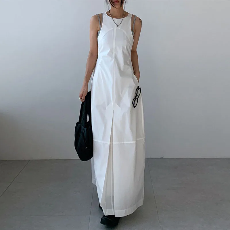 Minimalist Round Neck Double Pocket Dress Pleated Waist Over Knee Long Tank Robe Femme Casual Ruched Fashion Solid Vestidos