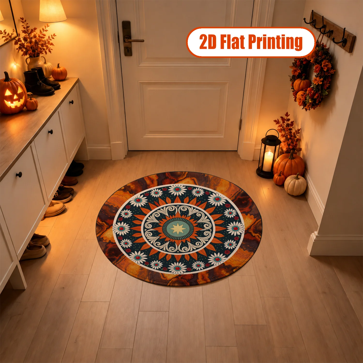 Ornate Floral Mandala Pattern Round Velvet Area Rug, Machine Washable Soft Plush Floor Mat for Living Room Bedroom Dining Room Entryway, Perfect for Halloween Thanksgiving Christmas New Year Black Friday Home Decor