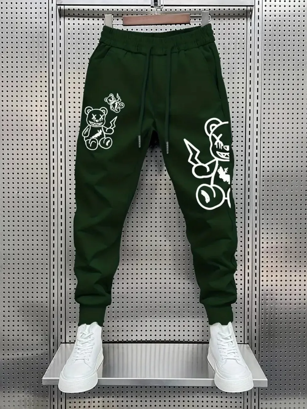 

Fashionable autumn men's personalized teddy bear print comfortable and soft drawstring pants outdoor urban high street pants