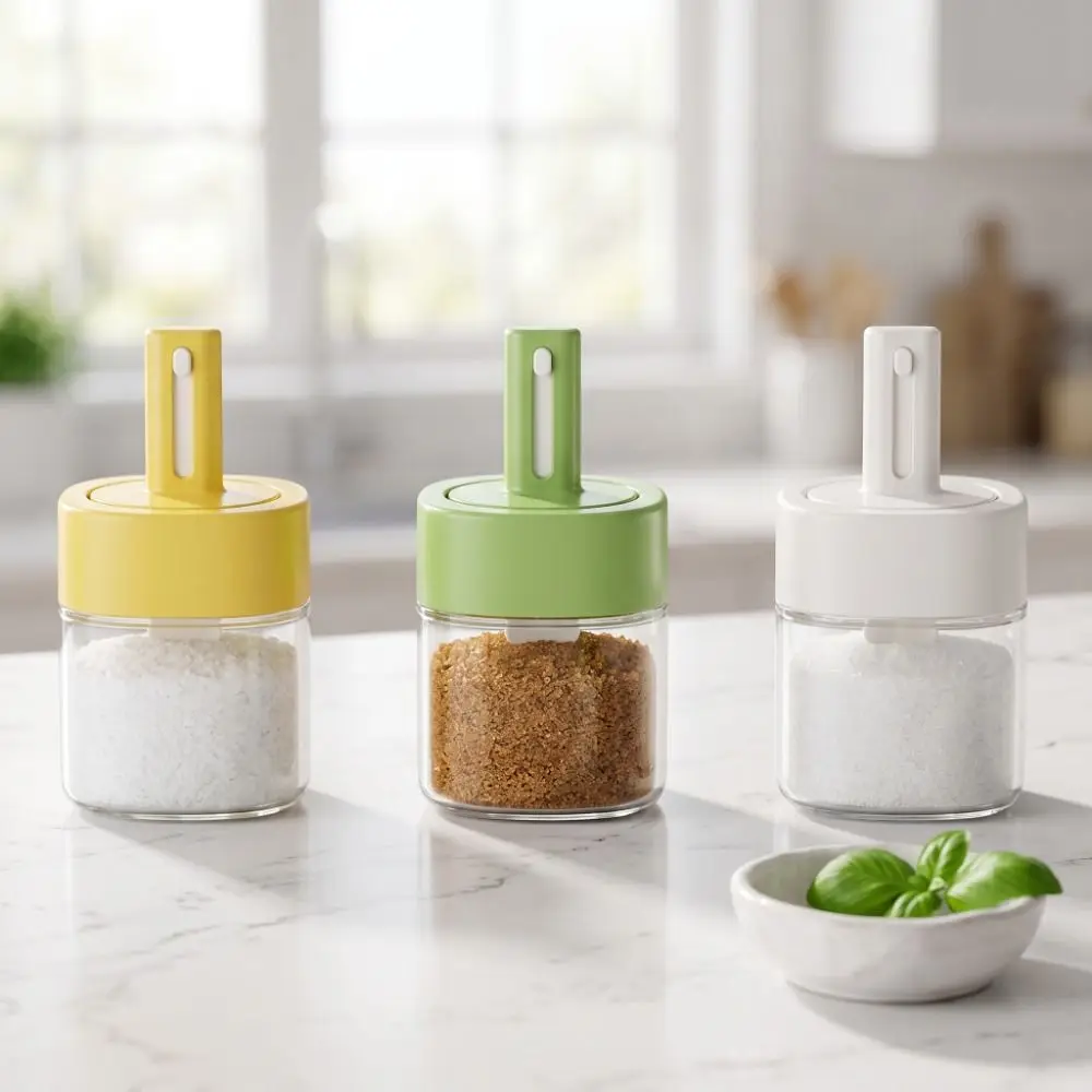 Sealed Glass Seasoning Bottle Leak-proof Household Salt Storage Box Moisture-Proof with Retractable Spoon Sugar Storage Pots