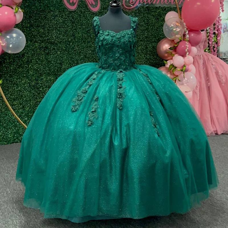 Green Shiny Ball Gown Quinceanera Dress 2024 Tulle Appliques Flowers With Cape Ruffles Sweet 15 16 Years Birthday Party Formal