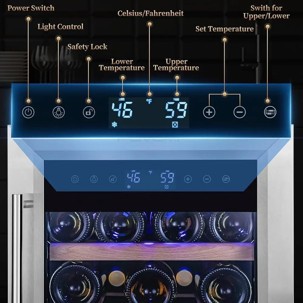 34 ボトル デュアル ゾーン ワイン クーラー 内蔵自立型コンプレッサー ワイン冷蔵庫 静か 低振動 調節可能な棚付き LED