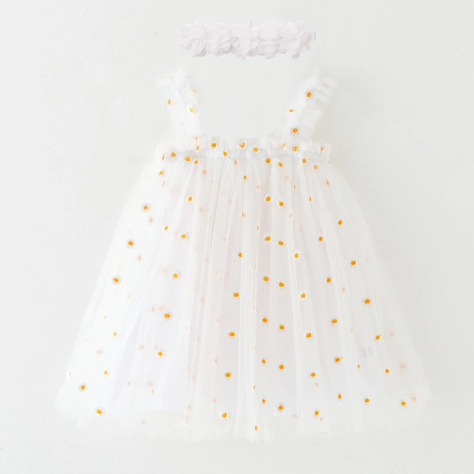 Summer Daisy Floral Baby Girls Tulle Dress Kid Birthday Party Dress Sleeveless Toddler Girl Princess Daisy Dress With Headband