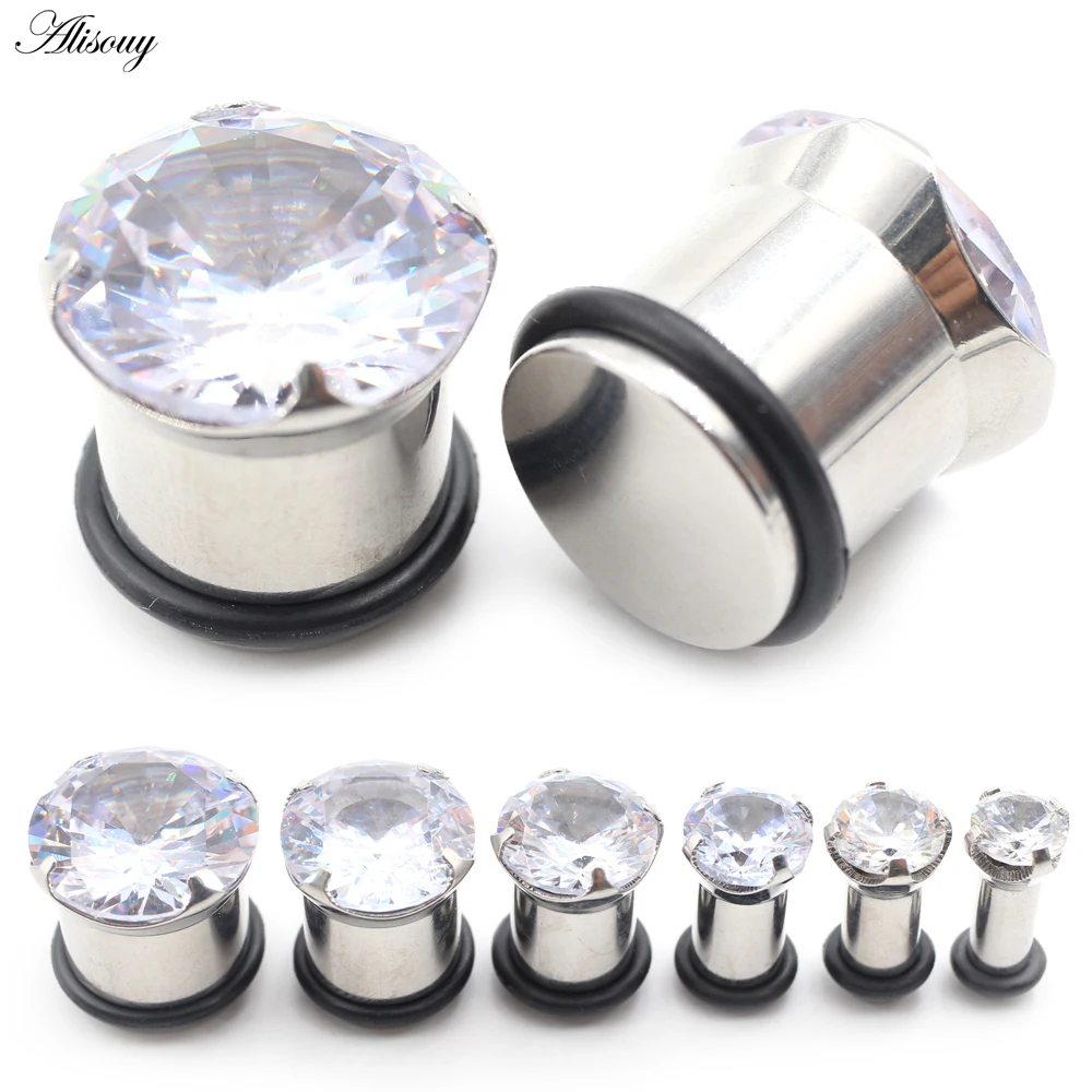 2Pieces Fashion Titanium Solid Zircon Single Flared Ear Tunnel Plugs Expander Stretcher Gauges Earring Piercing Body Jewelry