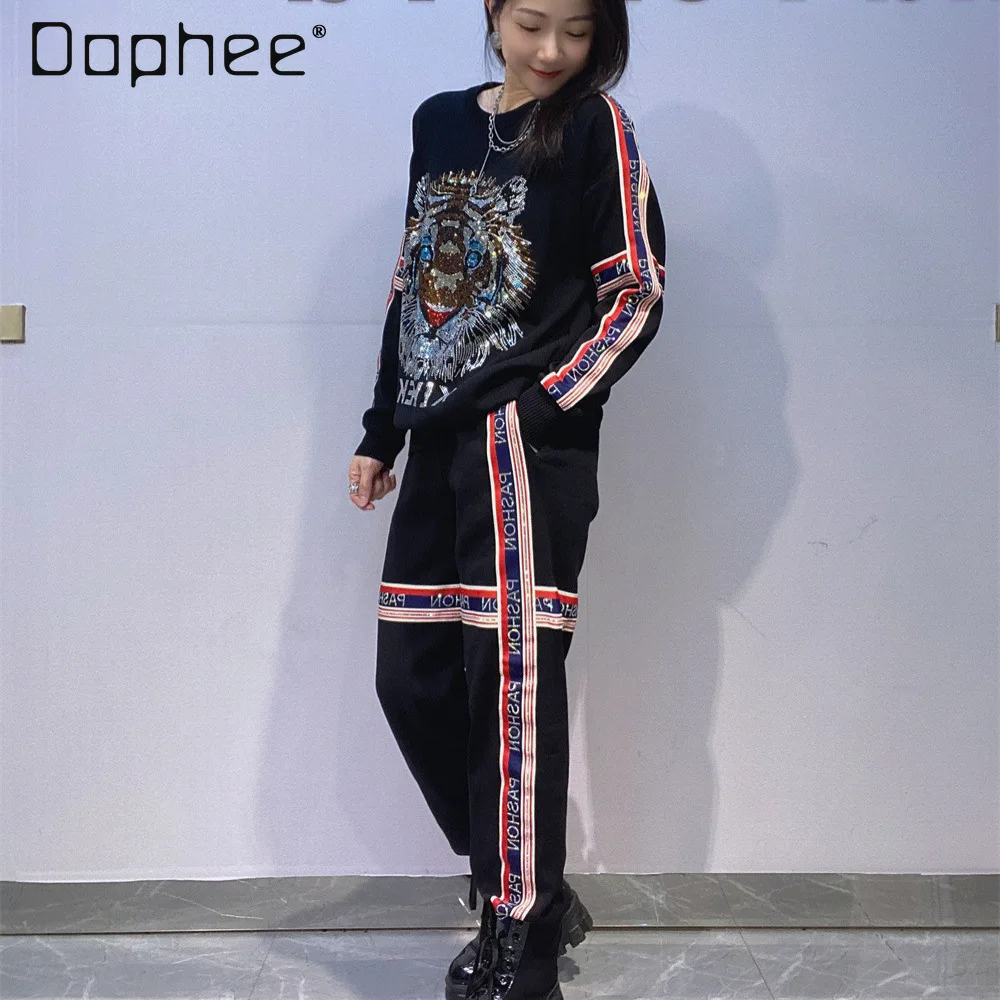 

Hot Drilling Knitted Sweater Set Pants Suit Colorful Ribbon Splicing Long Sleeve Sweater Top and Pants Two-piece Sets Women