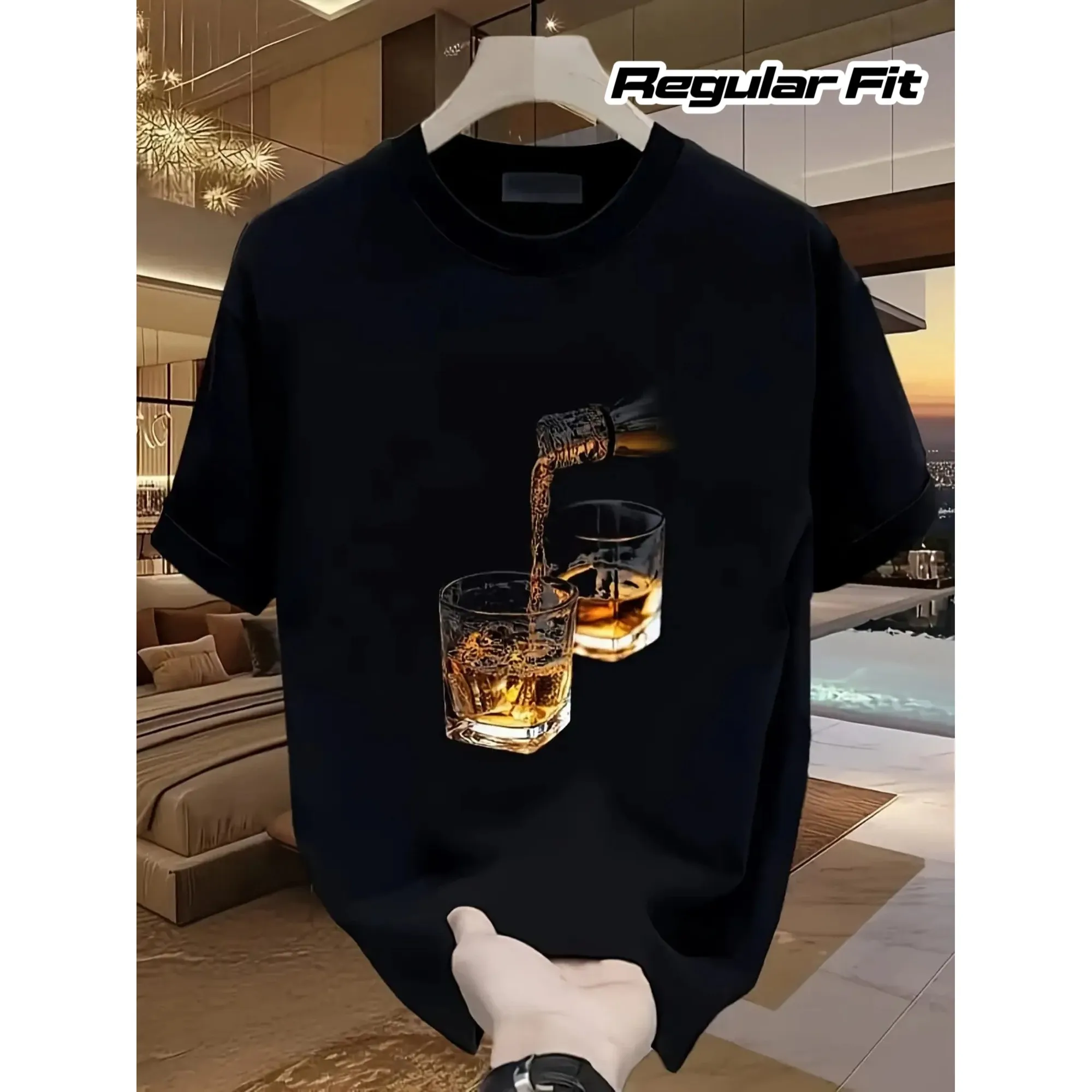 Whiskey Pour Graphic Print Men's Regular Fit Cotton T-Shirt Casual Short Sleeve Tee
