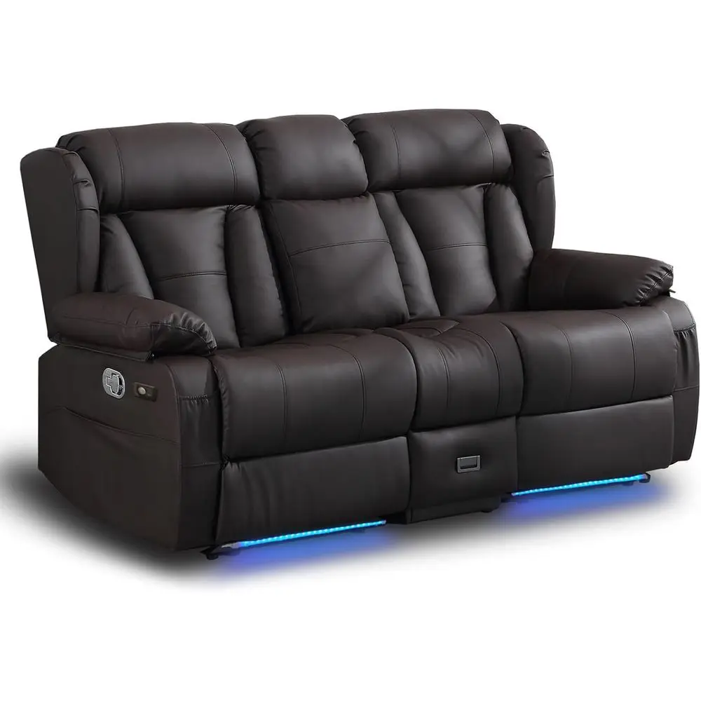 

RV-Friendly Manual Reclining Loveseat with AC/USB Ports and LED Lights - Brown Leather for Living Room or Home Theater