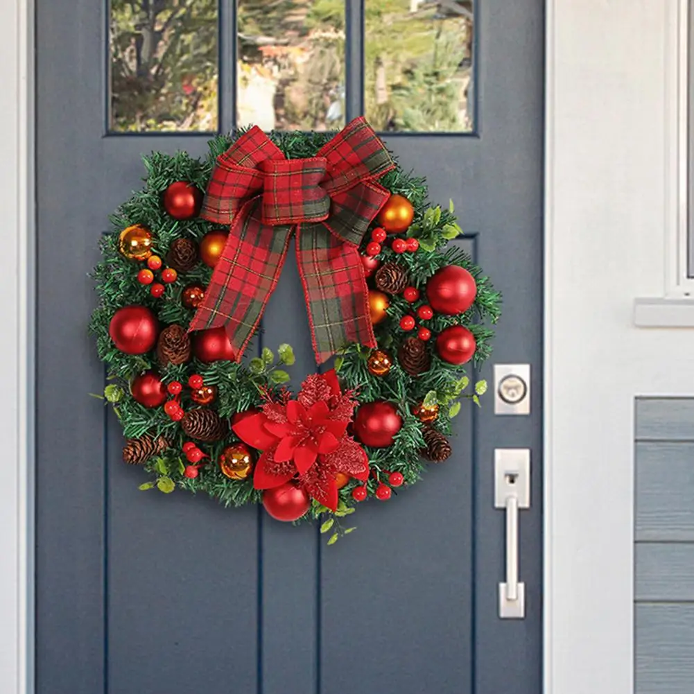 

Indoor Christmas Wreath Holiday Bowknot Wreath Festive Holiday Wreaths Plaid Bowknot Pine Cone Needle Ball Berry for Indoor