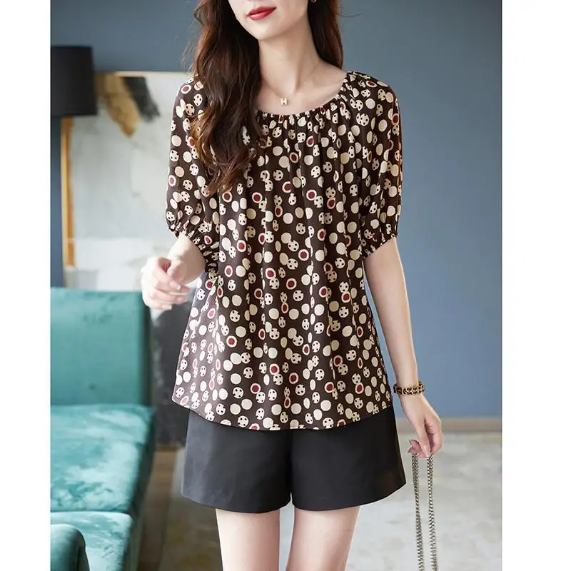 

Vintage Printed Loose Shirring Short Sleeve Chiffon Blouse Women's Clothing 2023 Summer New Oversized Casual Tops Commuter Shirt