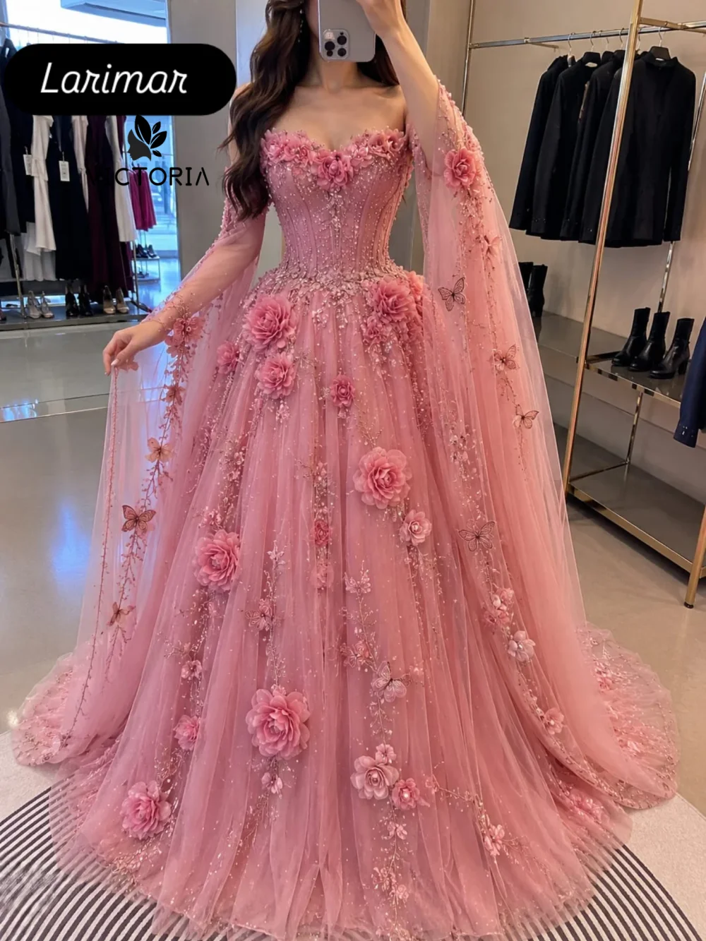 

Pleat Pink Flowers A-Line Prom Dresses With Cape sleeveless Replum Evening Dress Floor-Length Evening Party Gown Customized