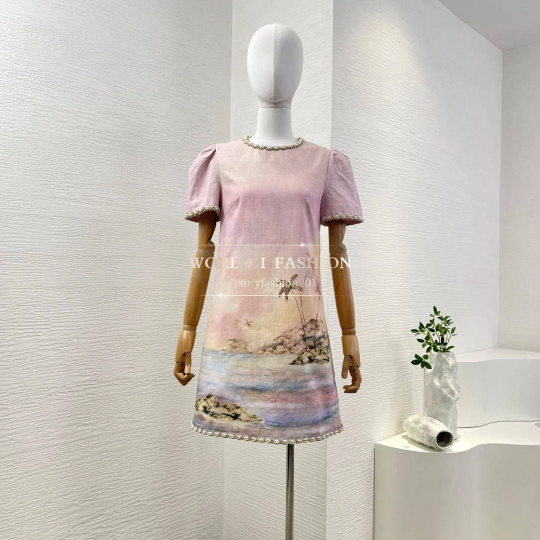 

Shell Beach Style Holiday 2025 New High Quality Pure Linen Pink Short Sleeve Natural Scenery Print Women Mini Dress