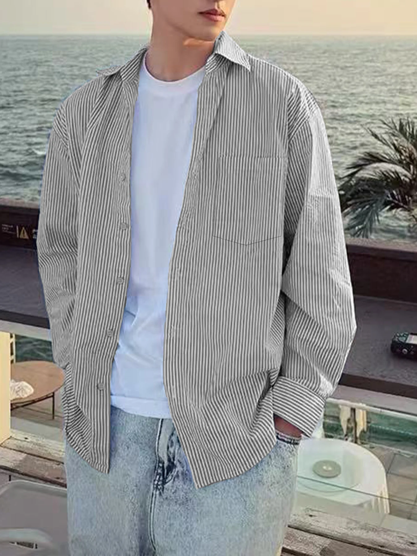 

Простая и стильная полосатая рубашка с длинными рукавами и воротником, новая весенне-осенняя повседневная универсальная рубашка для повседневной носки.