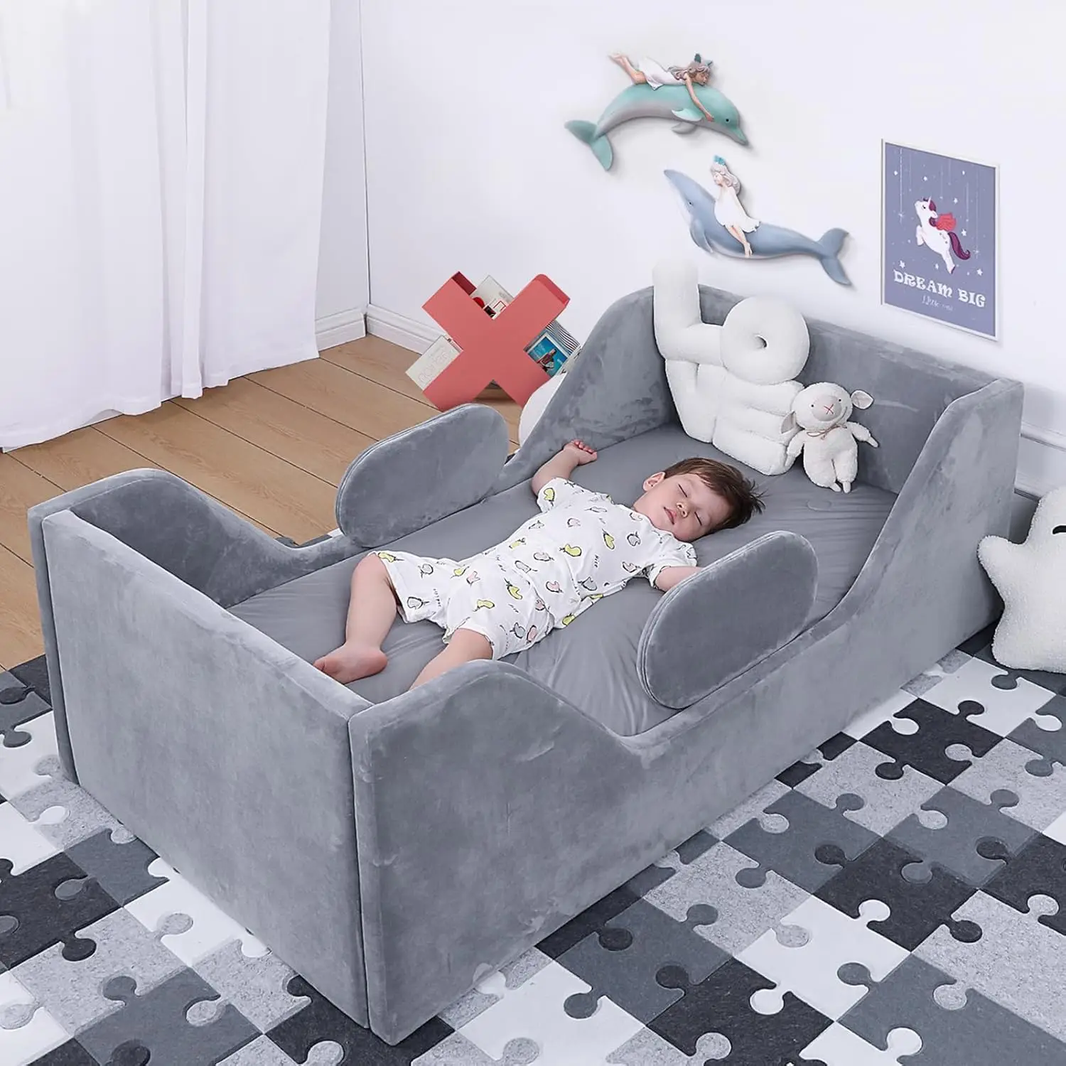 Lit large pour tout-petits, lit pour enfants avec extra-sécurité, lit pour tout-petits de taille standard CPull, tissu ignoré