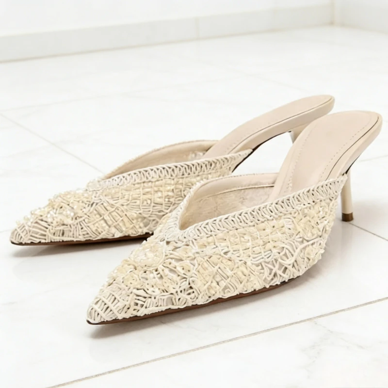 

Novelty String Bead Mesh Slingback High Heel Sandal Slippers for Women Sexy Pointed Toe Mules Elegant Party Dress Designer Heels