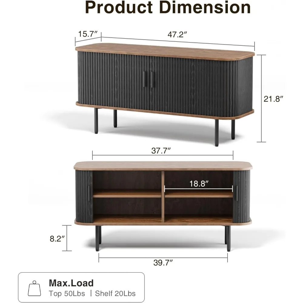 حامل تلفزيون أسود كبير بعرض 47 بوصة مع مساحة تخزين ووحدة تحكم وسائط وباب منزلق وتصميم خزانة مخدد لغرفة المعيشة الحديثة