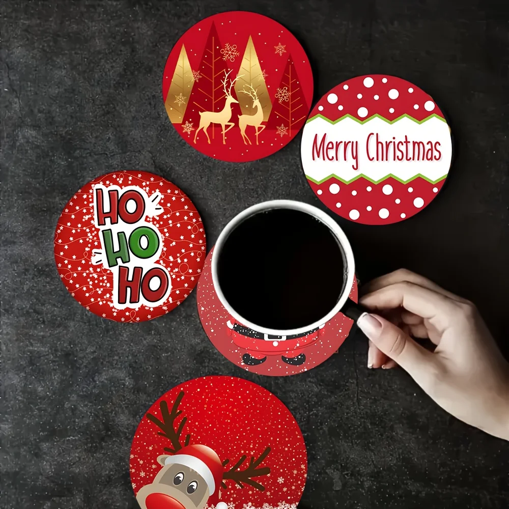 12/6 pieces of random designs, Christmas-themed wooden coasters, holiday accessories for coffee cups, anti-scald coasters, drink coasters, suitable for gift giving, Halloween and Christmas gifts
