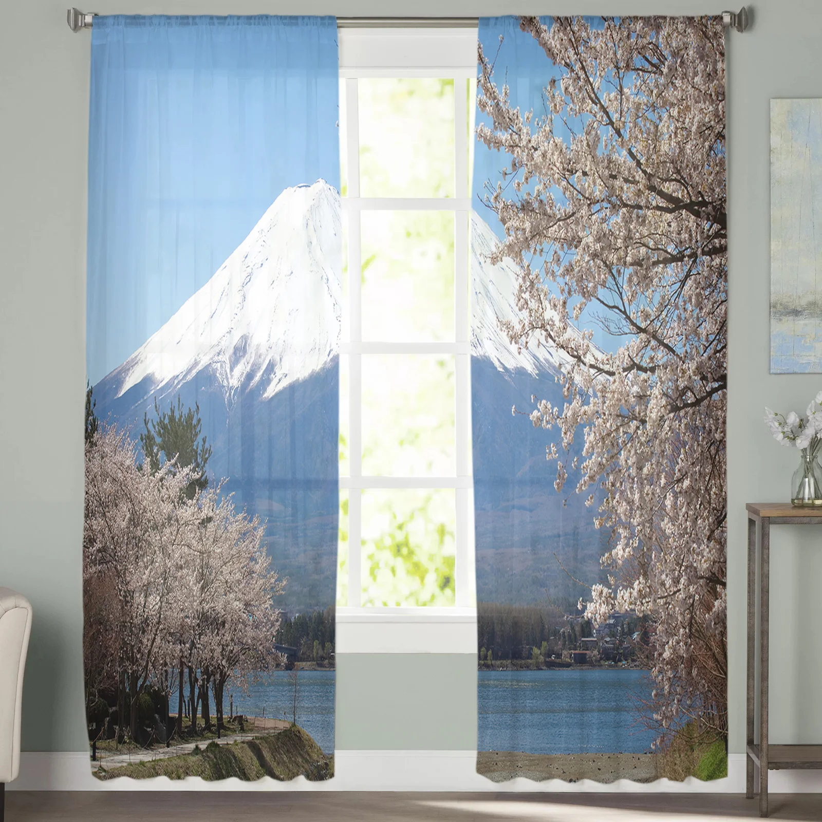 Japanese Asian Volcano Cherry Blossom In Spring Sheer Curtains for Living Room Modern Bedroom Voile Tulle Curtain Window Drapes