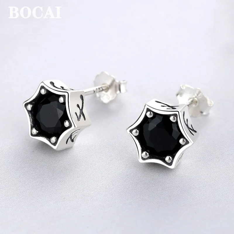 BOCAI New S925 Silver Jewelry Retro Personality Black Diamonds Fashionable Hexagram Earrings for Men Wholesale