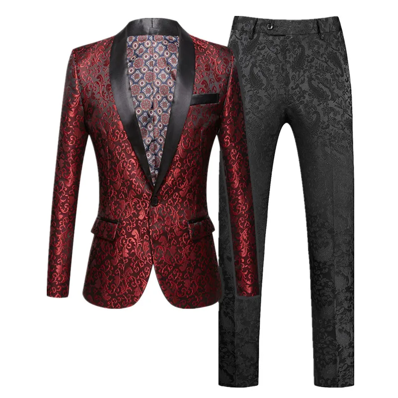 (Jacket+Pants) Men Luxury Jacquard Suit 2 Piece Pink Black Fashion Male Business Social Wedding Party Tuxedo Blazers Trousers