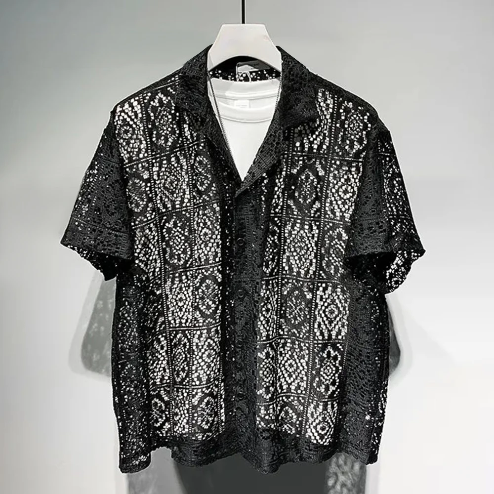 Mens See-Through Hollow Short-Sleeve Casual Shirt 2024 New Genderless Fashion Individuality Retro Sexy Lace Loose Shirt Unisex