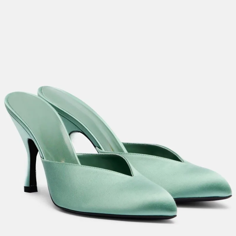 New Women Satin Mule Heels V Cutout Vamp Point Toe Backless Slides Unique Curved Shaft Stiletto Elegant Women