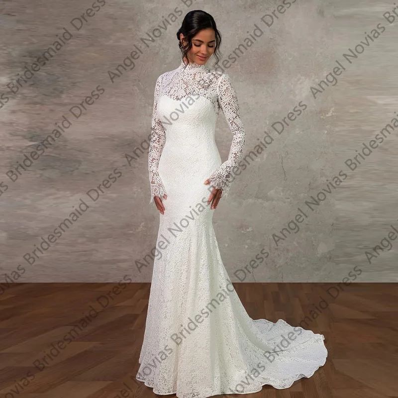 

Angel Novias Кружевные свадебные платья с длинными рукавами и высоким воротом Свадебные платья по индивидуальному заказу Свадебное платье Вечернее платье Vestidos de