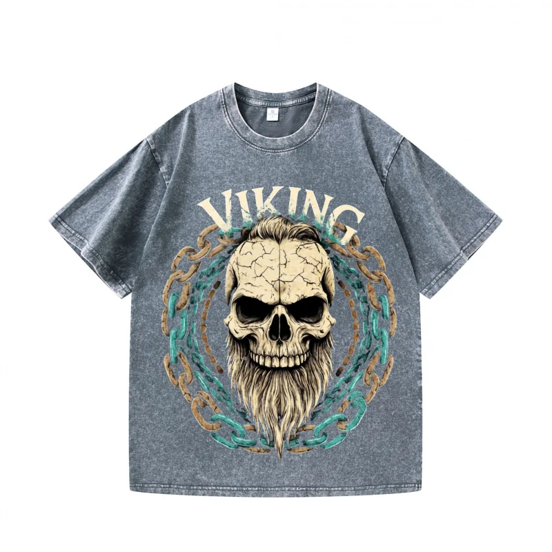 

Мужская футболка с черепом викингов и плетеной бородой, Хэллоуин, 2025 год, 100% хлопок, уличный крутой топ с принтом, удобный крой