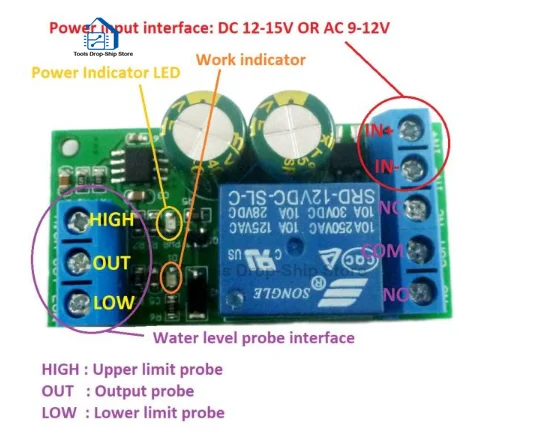 Imagem -03 - Controlador Automático de Nível Água Alta Potência Interruptor Sensor Líquido Válvula Solenóide Bomba do Motor Placa Relé Controle Automático 12v 30a