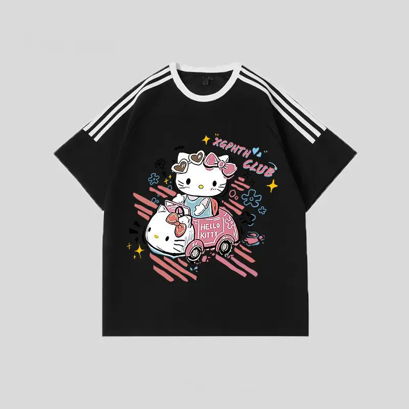 2024 Hello Kitty Sanrio T-shirt Kawaii Cartoon Print Cotton Tops O-neck Oversized Shirts Streetwear Splicing Top Women Clothing