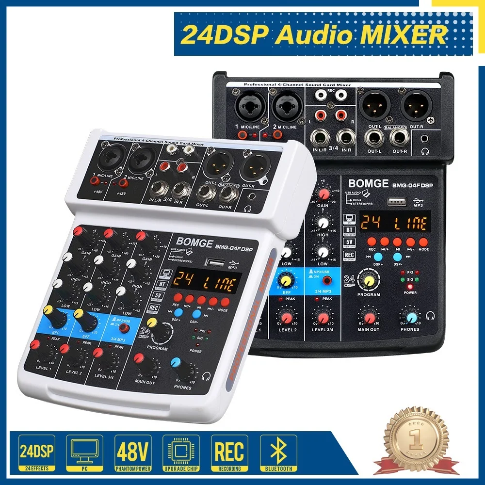 New Audio Mixer 4 Channel 24 DSP USB Sound Card Interface Console with Bluetooth 48V Phantom Power Recording to PC