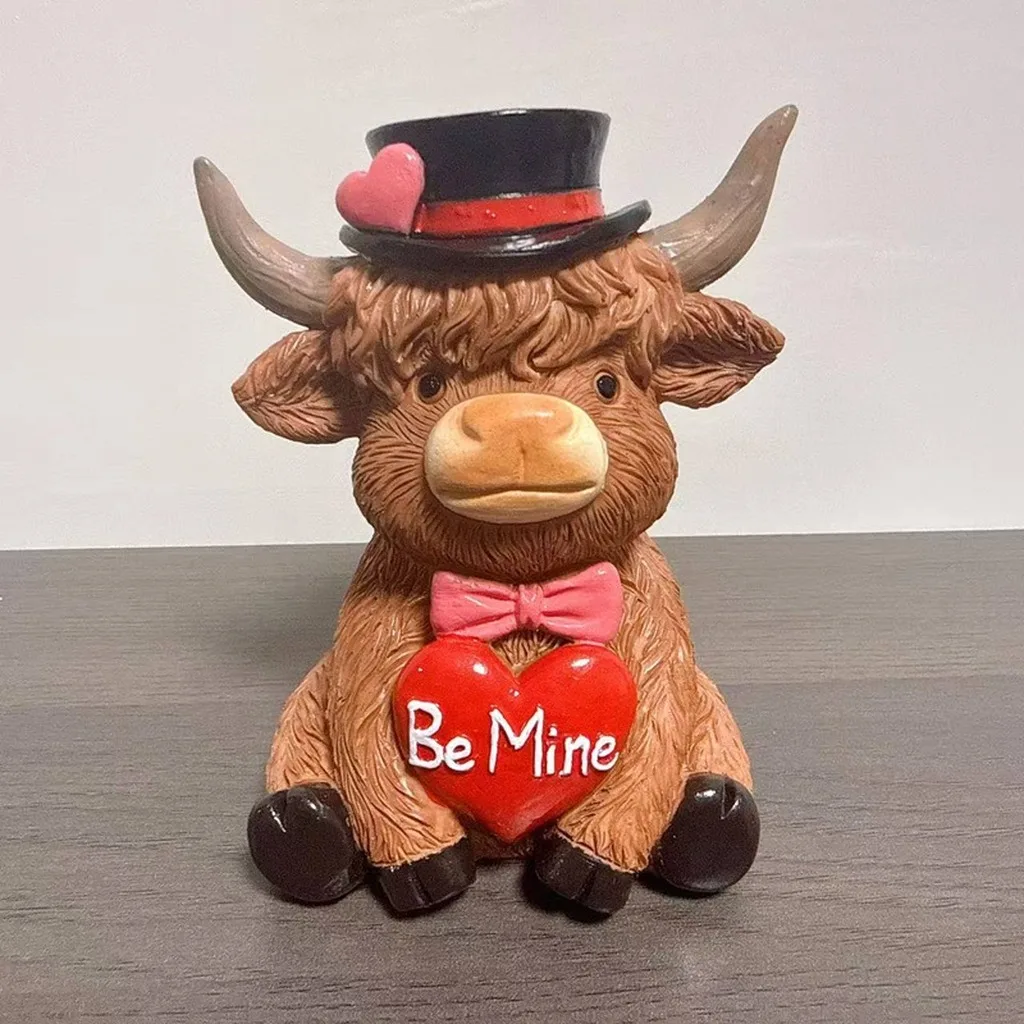 Cute Be Mine Animal Tabletop Decor Resin Highland Cow Figurine Home Valentine's Day  Holiday Table Ornament Women Gift Wholesale