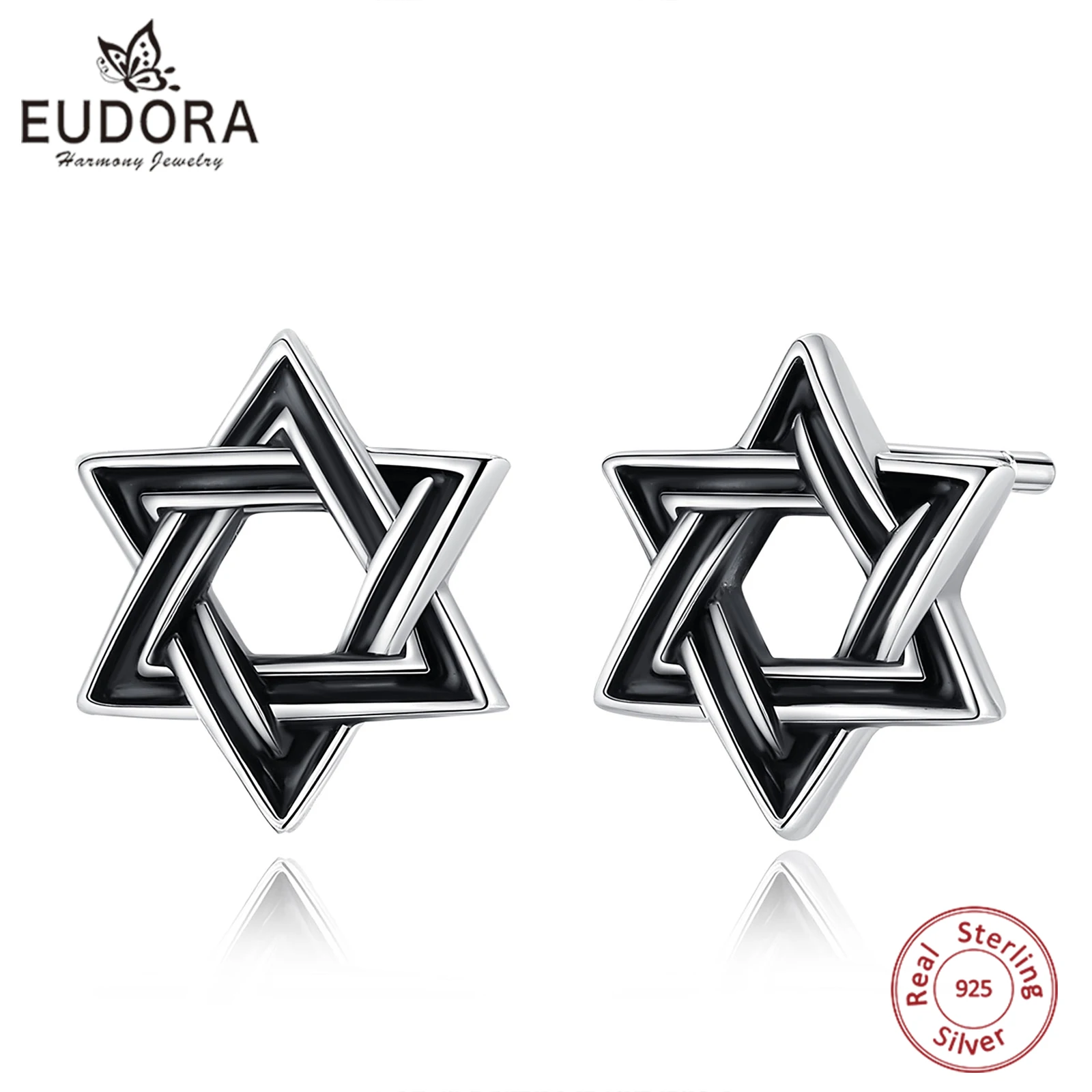 

Eudora 925 Sterling Silver Star of David Earrings for Women Man Fine Black Hexagonal Star Stud Earrings Silver Jewelry Gift