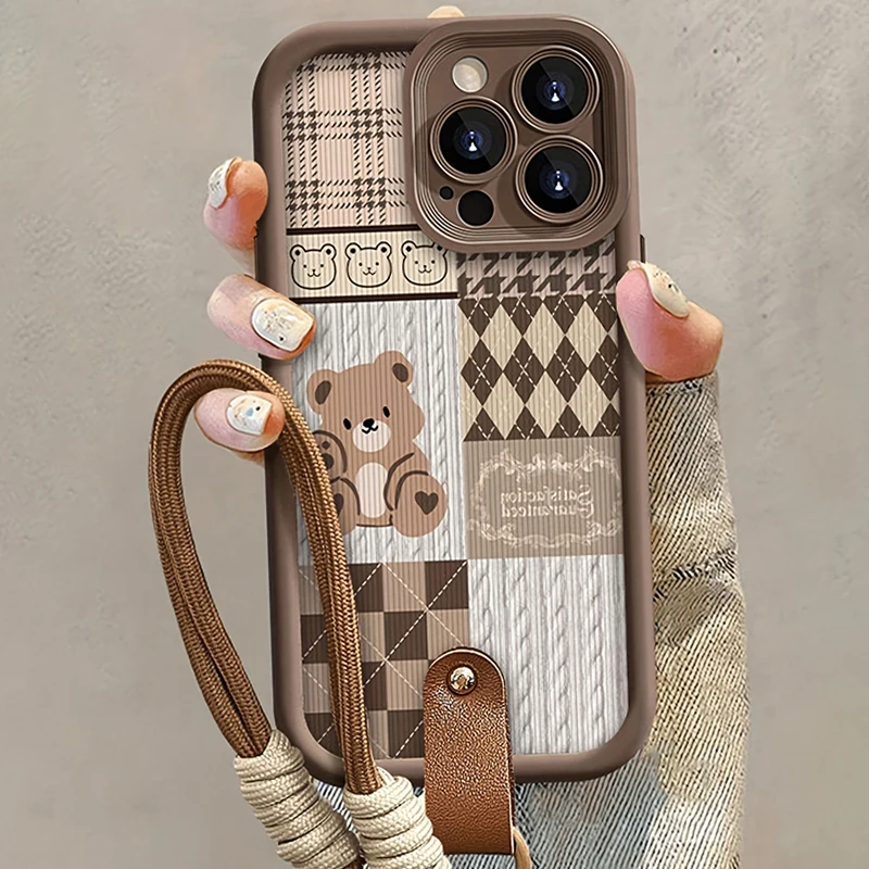 Gittermuster-Bären-Hängeband-Handyhülle für iPhone 18 17 16 15 14 Pro Max 13 12 11 Pro XS X XR 7 Plus SE Stoßfeste Weiche Hülle – Detail 6