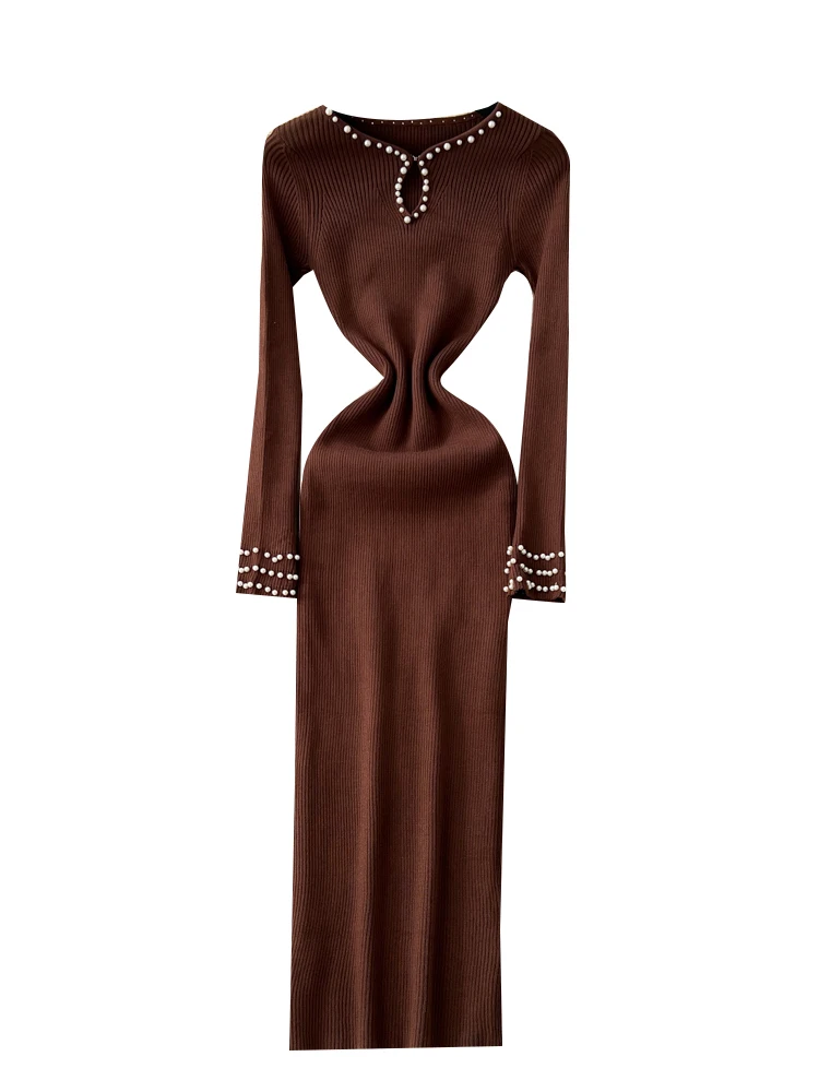 Ele Heavy Beaded Lungo Sve lavorato a maglia Dr Donna Autunno Inverno Dimagrante Base Layer Maglione Dr Gonna a trapezio a vita alta