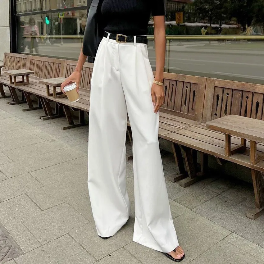 

Summer Women High Waist Full Length Black Wide Leg Pants Solid Color Casual Loose Fit Beige Trousers Pleated Front White Pants