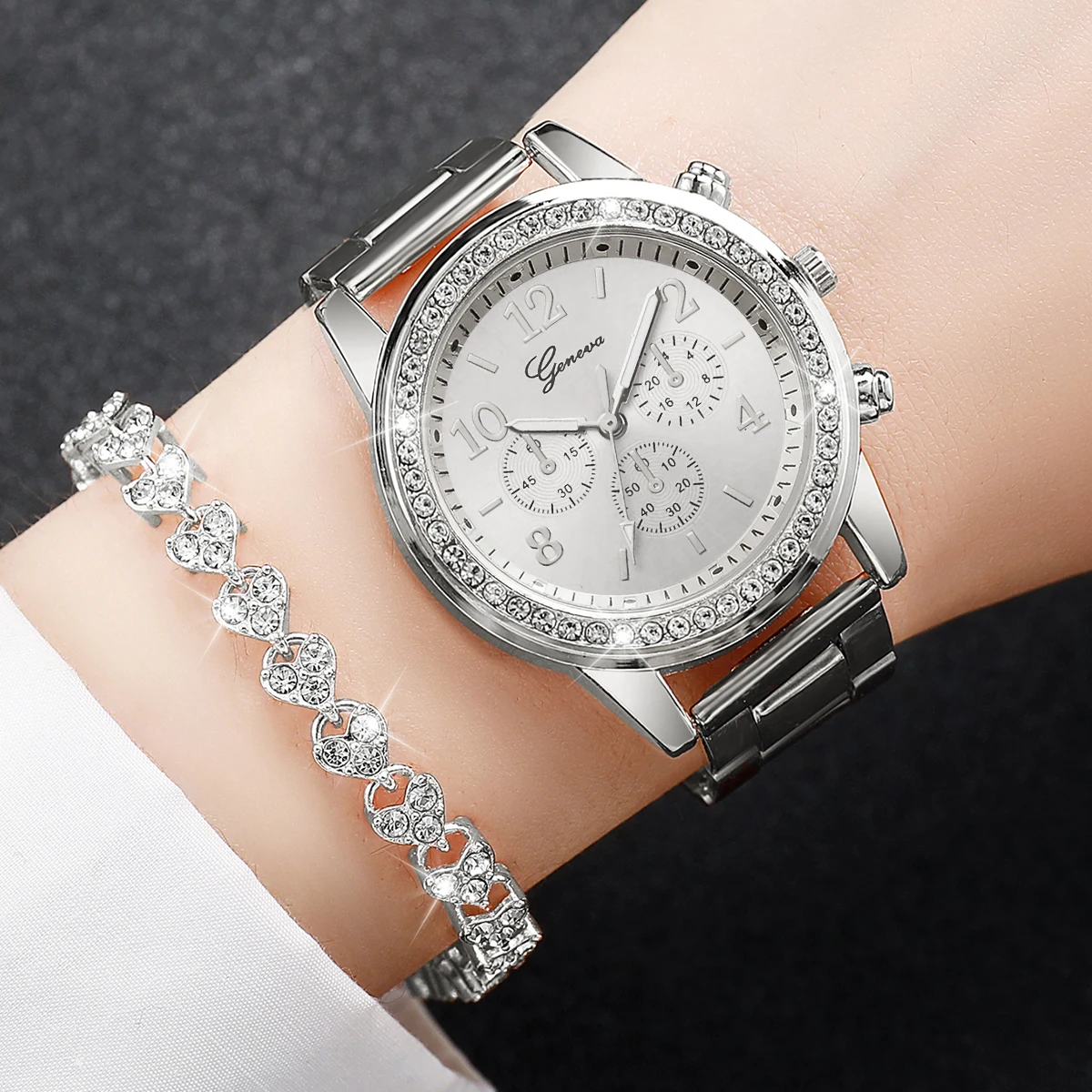 6PCs/Set Fashion Women\'s Style Watch Stainless Steel Strap Quartz Watch Bracelet Set Gold Rose Silver