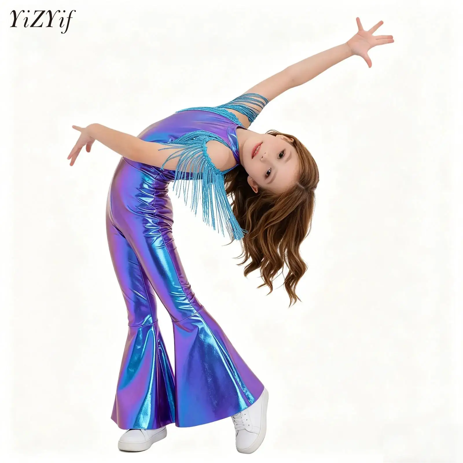 

Retro Jazz Dancewear for Kids Girls 70s Disco Rompers Cold Shoulder Sequined Tassel Sleeves Bell Bottom Long Pants Jumpsuit
