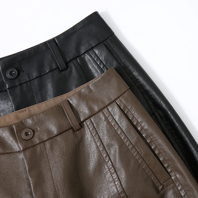 Faux Leather Knee Length Shorts High Waist Wide Leg Loose Casual Women Bermudas Shorts Fashion PU Shorts Black Coffee Pants