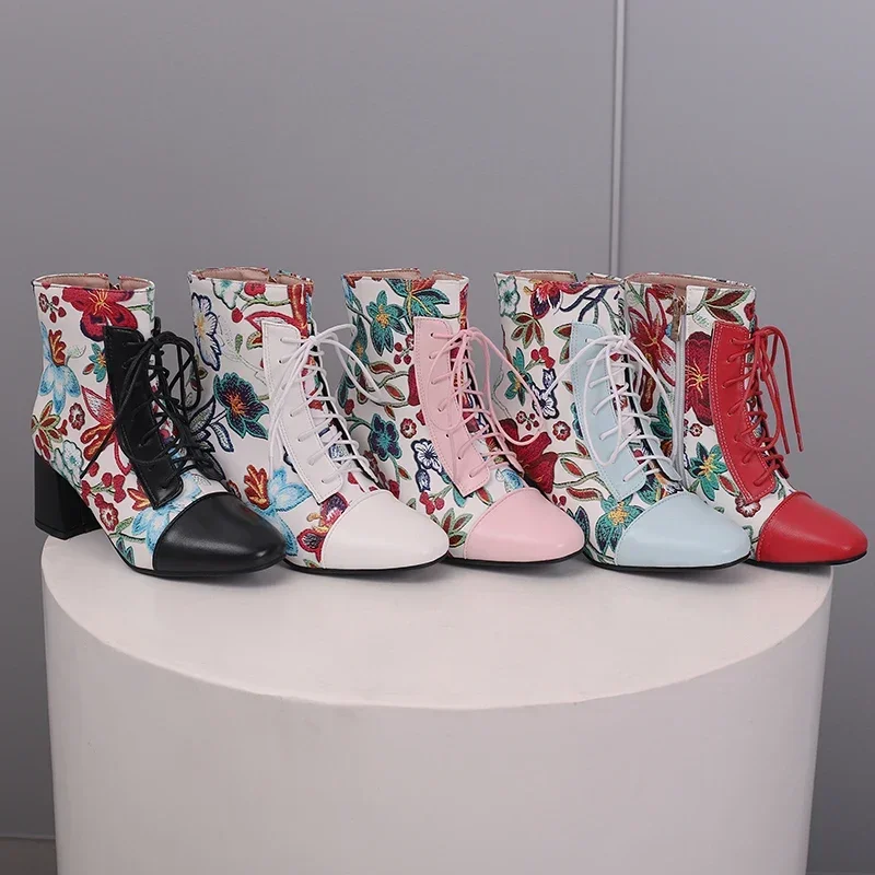 Fashion Winter Women Ankle Boots Pink Red White Flower Embroidery High Thick Heels British Party Ladies Zipper Plush Short Boots