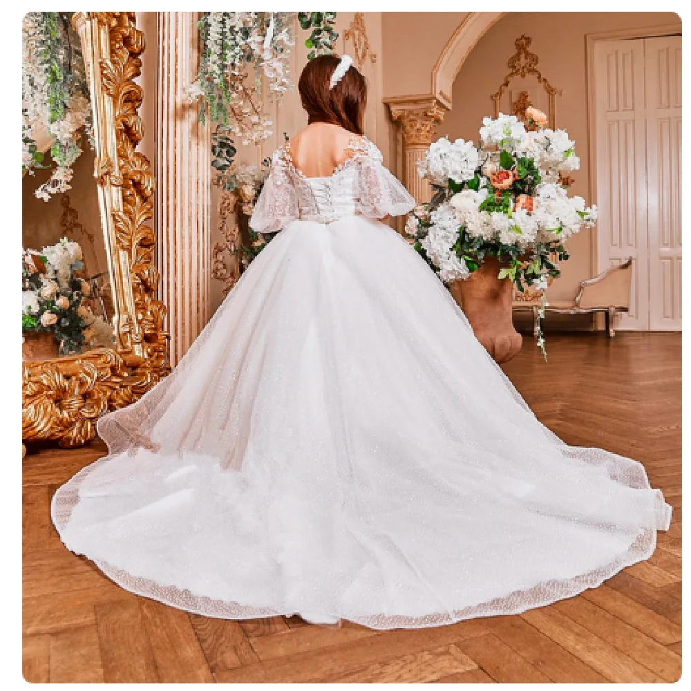 ดอกไม้น่ารักสาวชุดบอลประกวดความงาม First Communion Elegant Tulle ลูกไม้ Secal Backless เจ้าหญิงเด็กวันเกิด