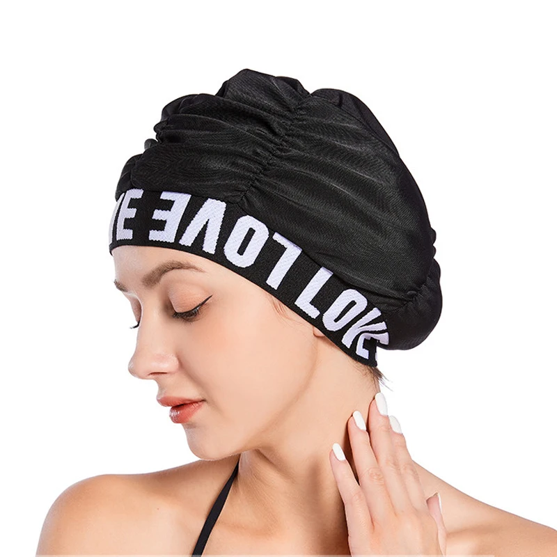 Gorros de baño plisados con estampado de letras Love para mujer, gorro de baño para adultos, piscina de aguas termales, Spa, cómodo, protege las orejas de pelo largo