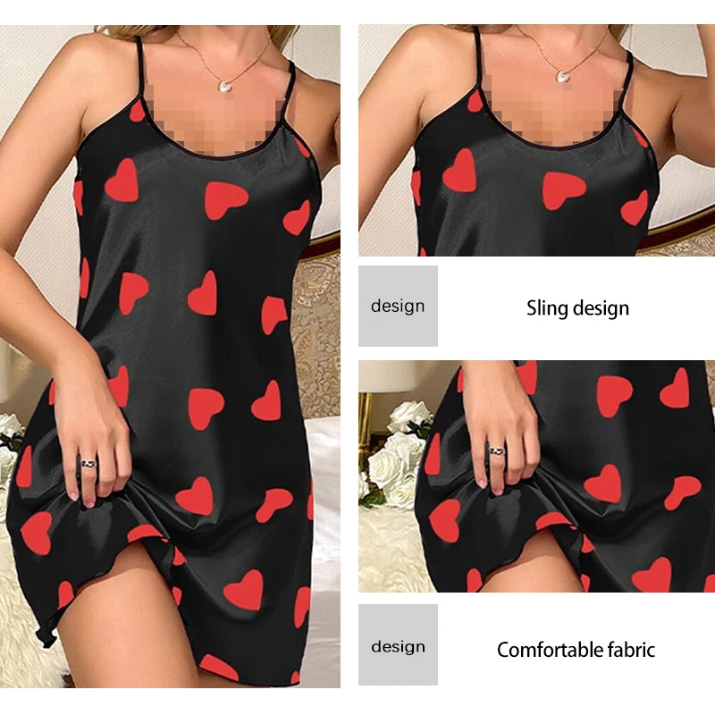 Summer New Sexy Solid Color Printed Love Style U-Neck Cross Adjustable Thin Shoulder Strap Backless Dress Pajamas