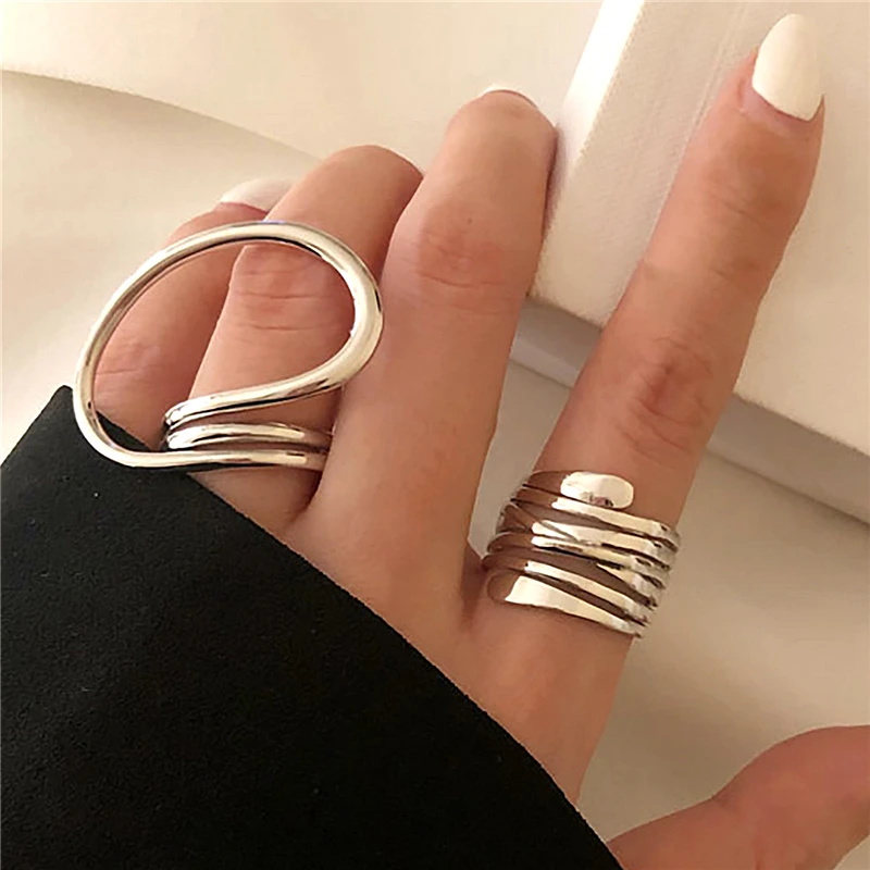 HUANZHI Geometric Irregular Rings for Women Two piece Set with Adjustable Opening New Simple Couple Alloy Jewelry Wholesale